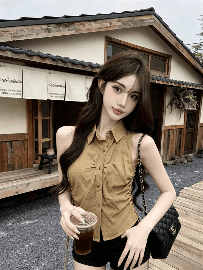 실사 여름 디자인 센스 POLO 칼라 패치워크 싱글 줄 버튼 레이스업 조끼 몸매 가꾸기 펌프 로프 핫걸 민소매 맨위 상세 이미지 3