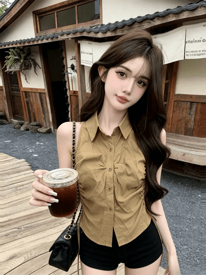 실사 여름 디자인 센스 POLO 칼라 패치워크 싱글 줄 버튼 레이스업 조끼 몸매 가꾸기 펌프 로프 핫걸 민소매 맨위 상세 이미지 4