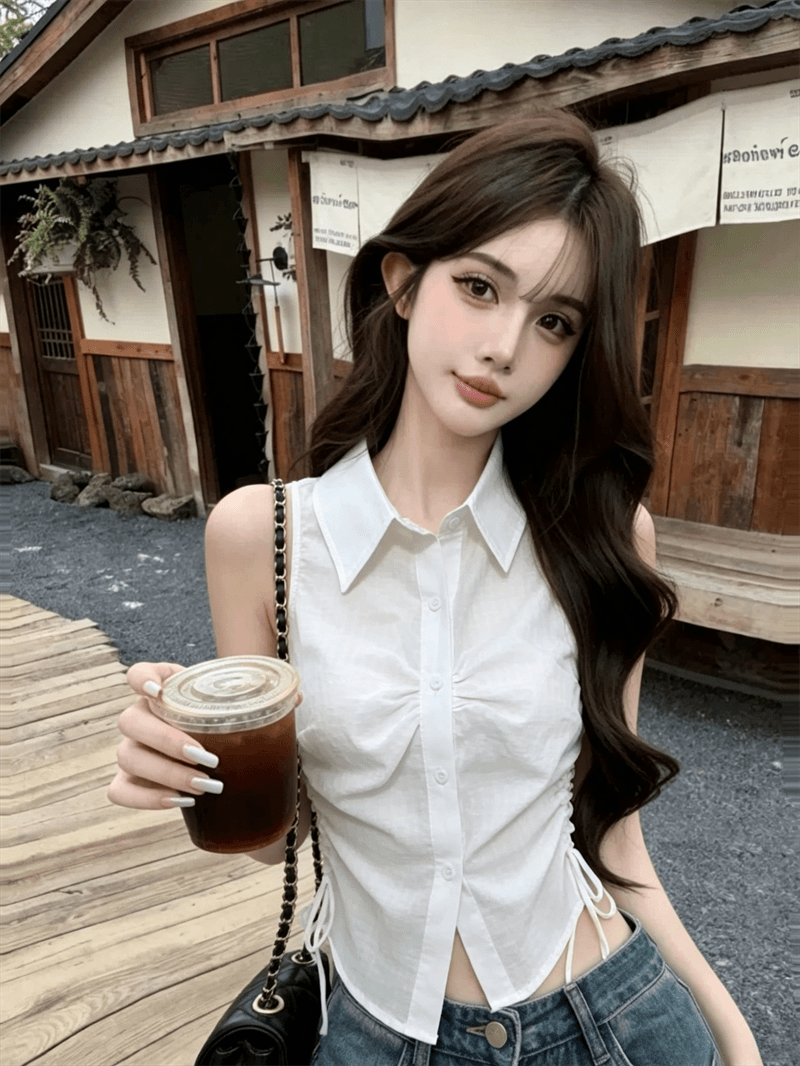 실사 여름 디자인 센스 POLO 칼라 패치워크 싱글 줄 버튼 레이스업 조끼 몸매 가꾸기 펌프 로프 핫걸 민소매 맨위 상세 이미지 6