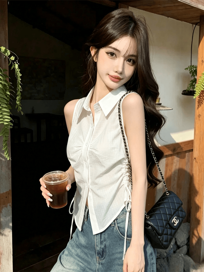 실사 여름 디자인 센스 POLO 칼라 패치워크 싱글 줄 버튼 레이스업 조끼 몸매 가꾸기 펌프 로프 핫걸 민소매 맨위 상세 이미지 7