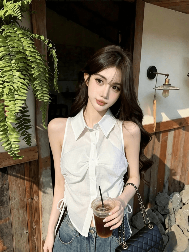 실사 여름 디자인 센스 POLO 칼라 패치워크 싱글 줄 버튼 레이스업 조끼 몸매 가꾸기 펌프 로프 핫걸 민소매 맨위 상세 이미지 9