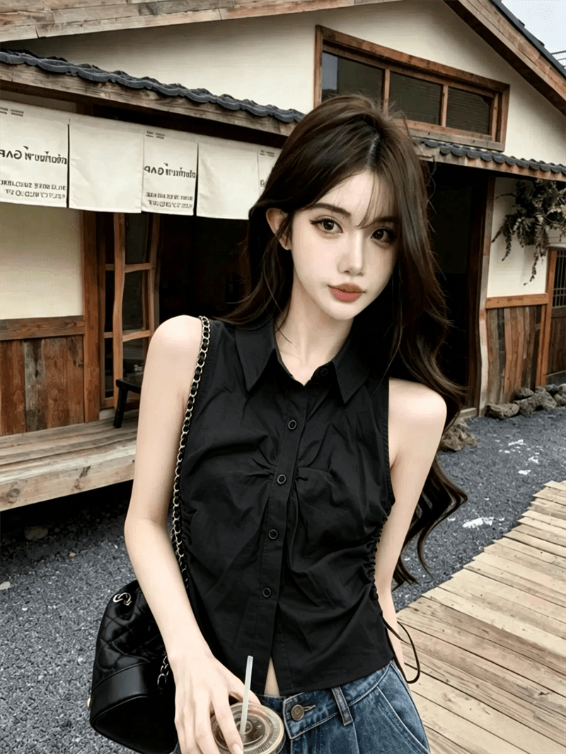 실사 여름 디자인 센스 POLO 칼라 패치워크 싱글 줄 버튼 레이스업 조끼 몸매 가꾸기 펌프 로프 핫걸 민소매 맨위 상세 이미지 12