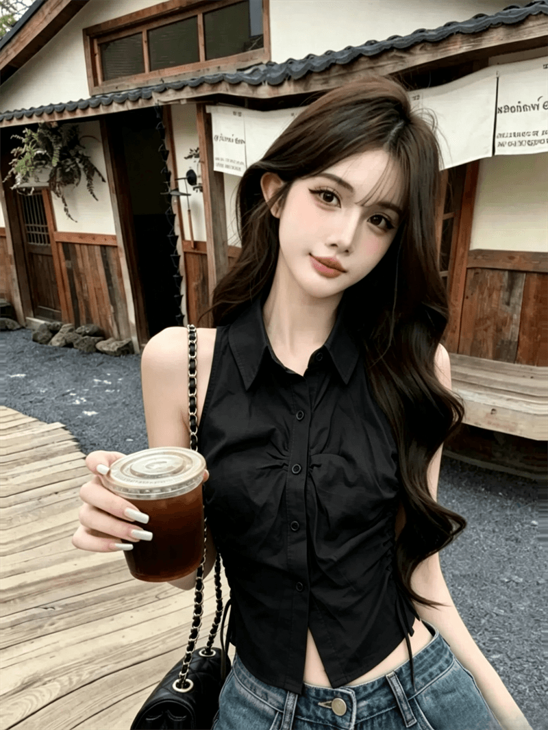실사 여름 디자인 센스 POLO 칼라 패치워크 싱글 줄 버튼 레이스업 조끼 몸매 가꾸기 펌프 로프 핫걸 민소매 맨위 상세 이미지 13
