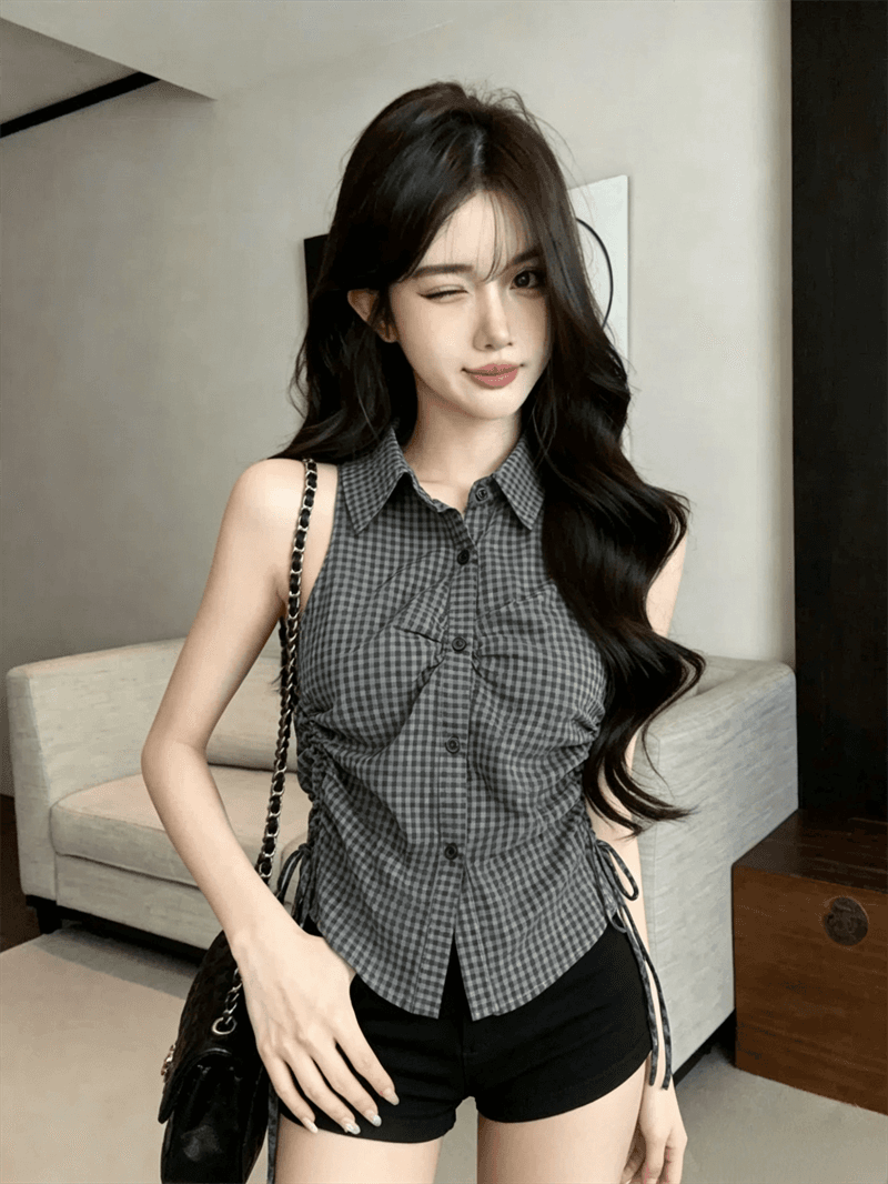 실사 여름 디자인 센스 POLO 칼라 패치워크 싱글 줄 버튼 레이스업 조끼 몸매 가꾸기 펌프 로프 핫걸 민소매 맨위 상세 이미지 15
