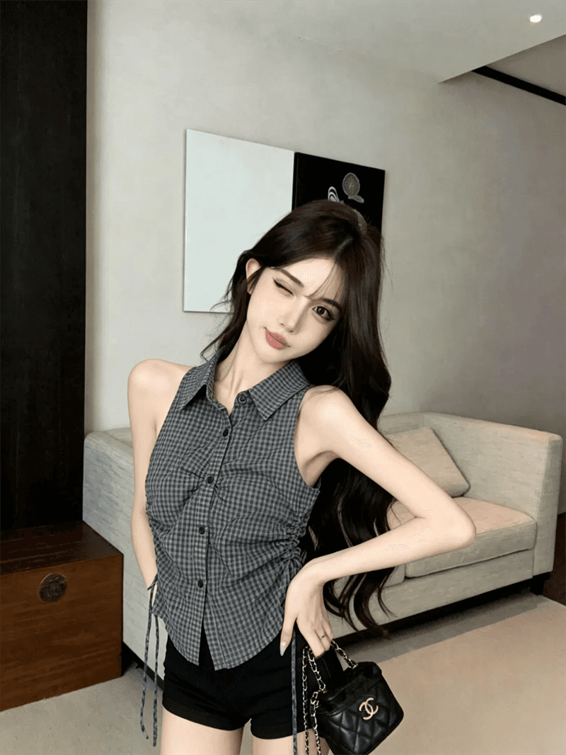 실사 여름 디자인 센스 POLO 칼라 패치워크 싱글 줄 버튼 레이스업 조끼 몸매 가꾸기 펌프 로프 핫걸 민소매 맨위 상세 이미지 17