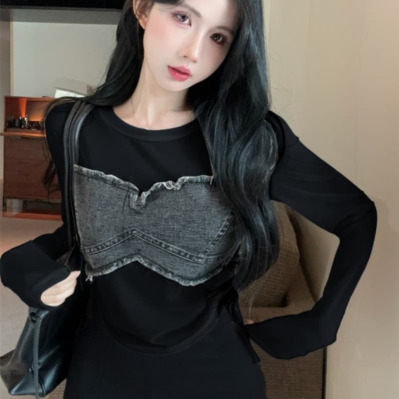 실사 봄 가을 수 있습니다. 소금 수 있습니다. 달콤한 라운드 넥 패치워크 페이크 레이어드 몸매 가꾸기 펌프 Pleat 긴팔 레이스업 연령 감소 풀오버 티셔츠 이미지 5