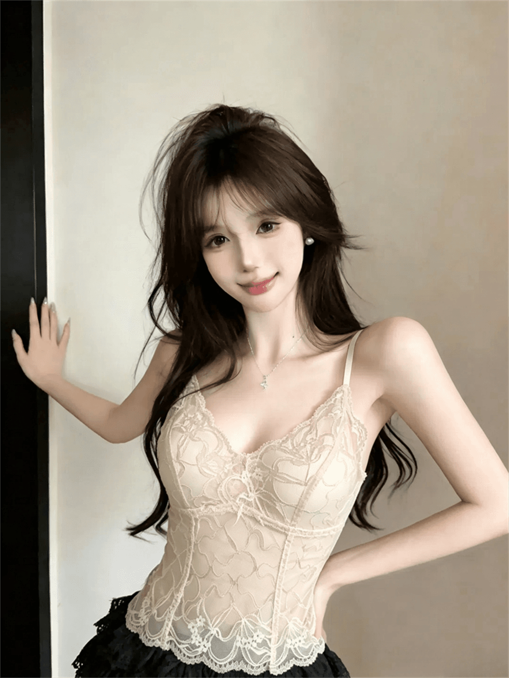 실사 여름 V넥 민소매 패치워크 레이스 슬립 몸매 가꾸기 긴팔 숄 밴딩 케이크 드레스 핫걸 3종 세트 이미지 2