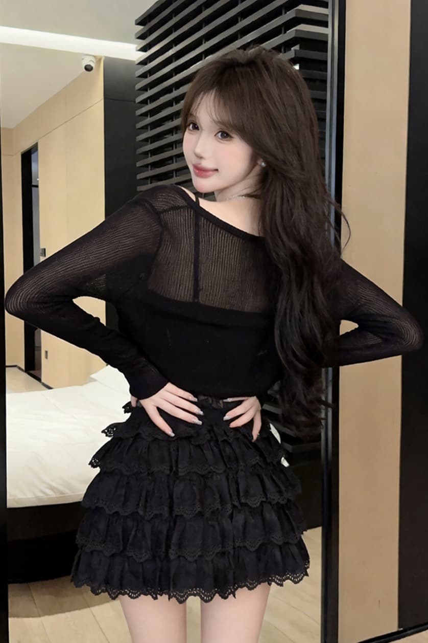 실사 여름 V넥 민소매 패치워크 레이스 슬립 몸매 가꾸기 긴팔 숄 밴딩 케이크 드레스 핫걸 3종 세트 이미지 6