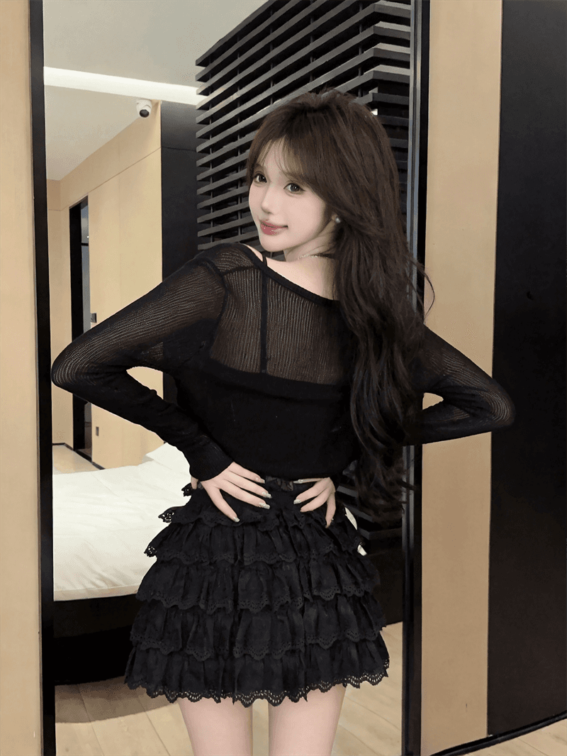 실사 여름 V넥 민소매 패치워크 레이스 슬립 몸매 가꾸기 긴팔 숄 밴딩 케이크 드레스 핫걸 3종 세트 상세 이미지 9
