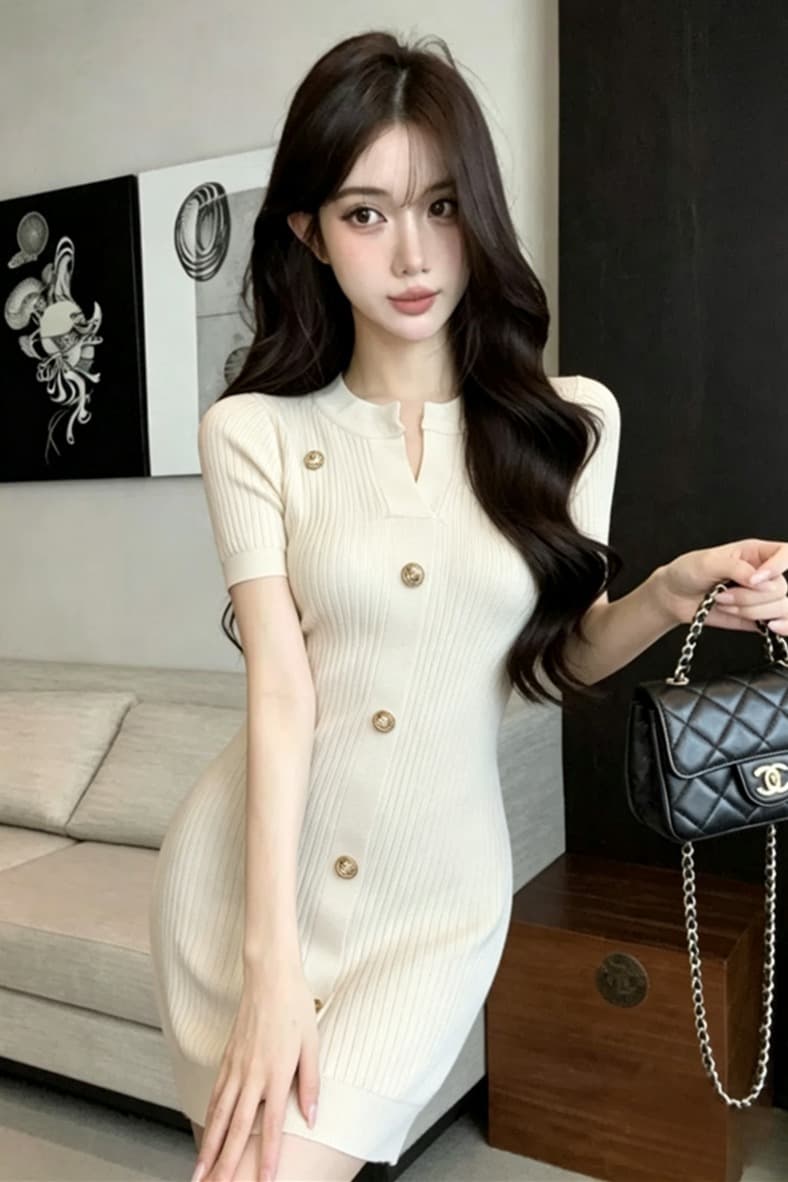 실사 여름 반 개방 칼라 리브 순수한 욕망 바람 몸매 가꾸기 싱글 줄 버튼 민소매 미니 스커트 섹시함 타이트 스커트 니트 드레스 이미지 6