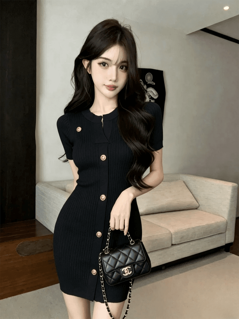실사 여름 반 개방 칼라 리브 순수한 욕망 바람 몸매 가꾸기 싱글 줄 버튼 민소매 미니 스커트 섹시함 타이트 스커트 니트 드레스 상세 이미지 3