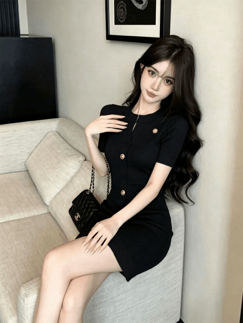 실사 여름 반 개방 칼라 리브 순수한 욕망 바람 몸매 가꾸기 싱글 줄 버튼 민소매 미니 스커트 섹시함 타이트 스커트 니트 드레스 상세 이미지 6
