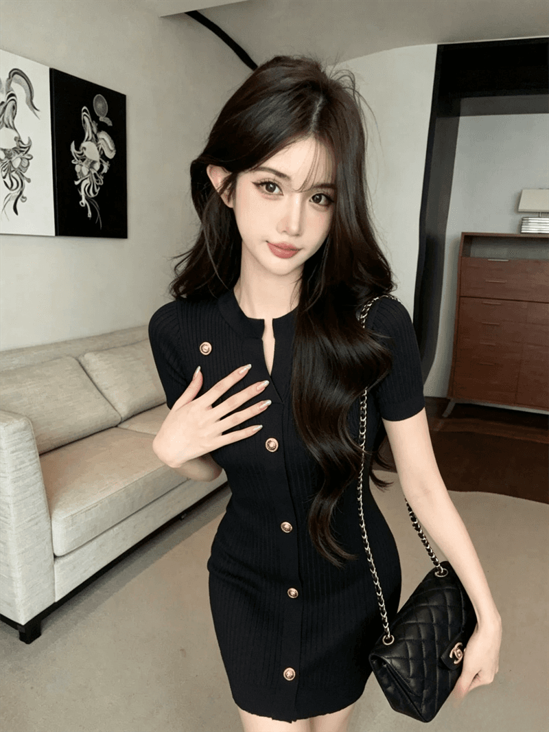 실사 여름 반 개방 칼라 리브 순수한 욕망 바람 몸매 가꾸기 싱글 줄 버튼 민소매 미니 스커트 섹시함 타이트 스커트 니트 드레스 상세 이미지 7