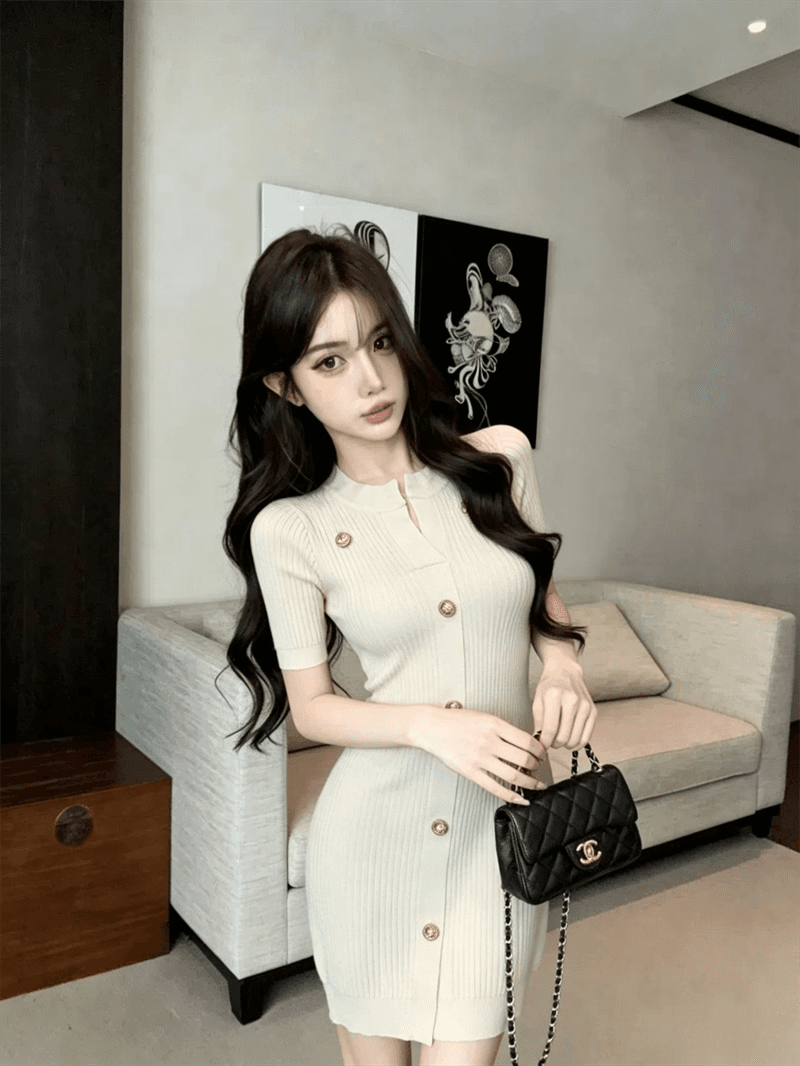 실사 여름 반 개방 칼라 리브 순수한 욕망 바람 몸매 가꾸기 싱글 줄 버튼 민소매 미니 스커트 섹시함 타이트 스커트 니트 드레스 상세 이미지 8