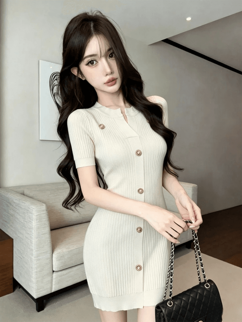 실사 여름 반 개방 칼라 리브 순수한 욕망 바람 몸매 가꾸기 싱글 줄 버튼 민소매 미니 스커트 섹시함 타이트 스커트 니트 드레스 상세 이미지 9