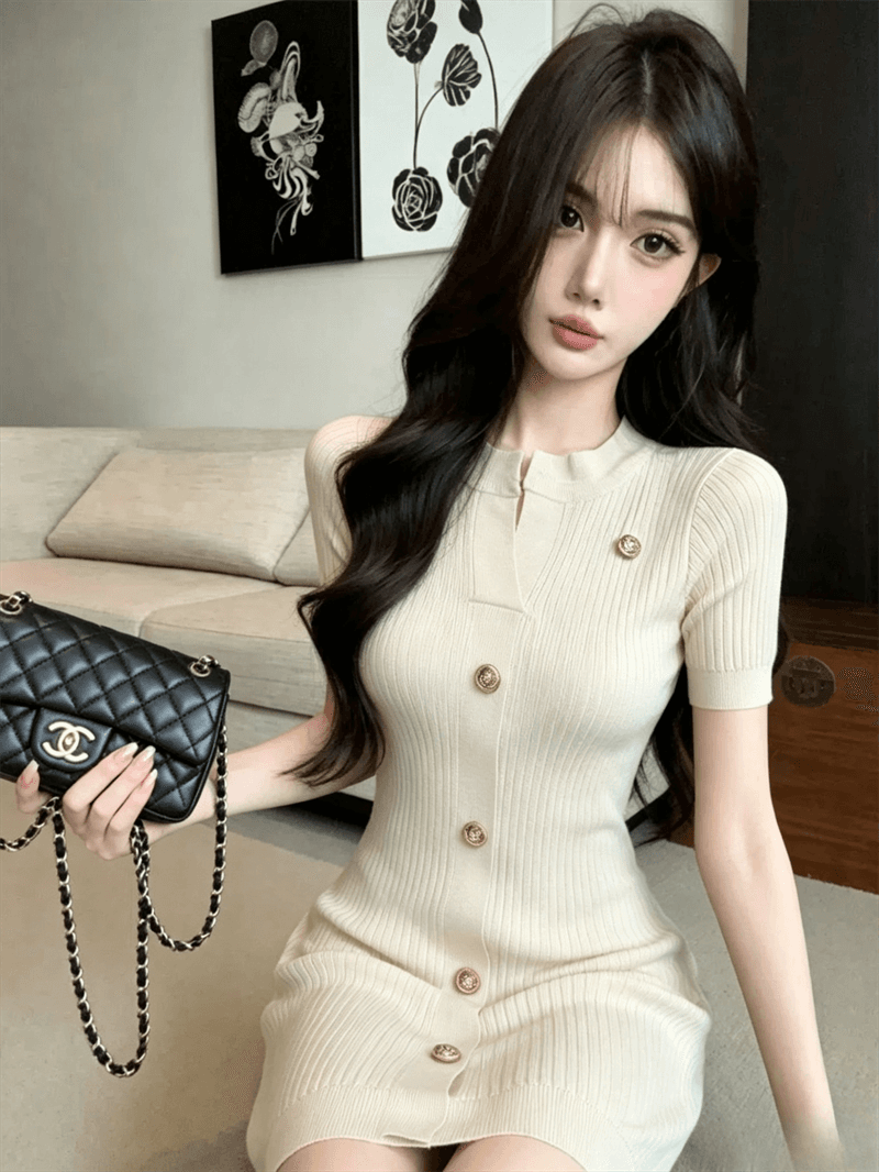 실사 여름 반 개방 칼라 리브 순수한 욕망 바람 몸매 가꾸기 싱글 줄 버튼 민소매 미니 스커트 섹시함 타이트 스커트 니트 드레스 상세 이미지 10