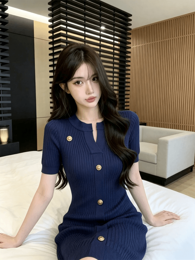 실사 여름 반 개방 칼라 리브 순수한 욕망 바람 몸매 가꾸기 싱글 줄 버튼 민소매 미니 스커트 섹시함 타이트 스커트 니트 드레스 상세 이미지 14