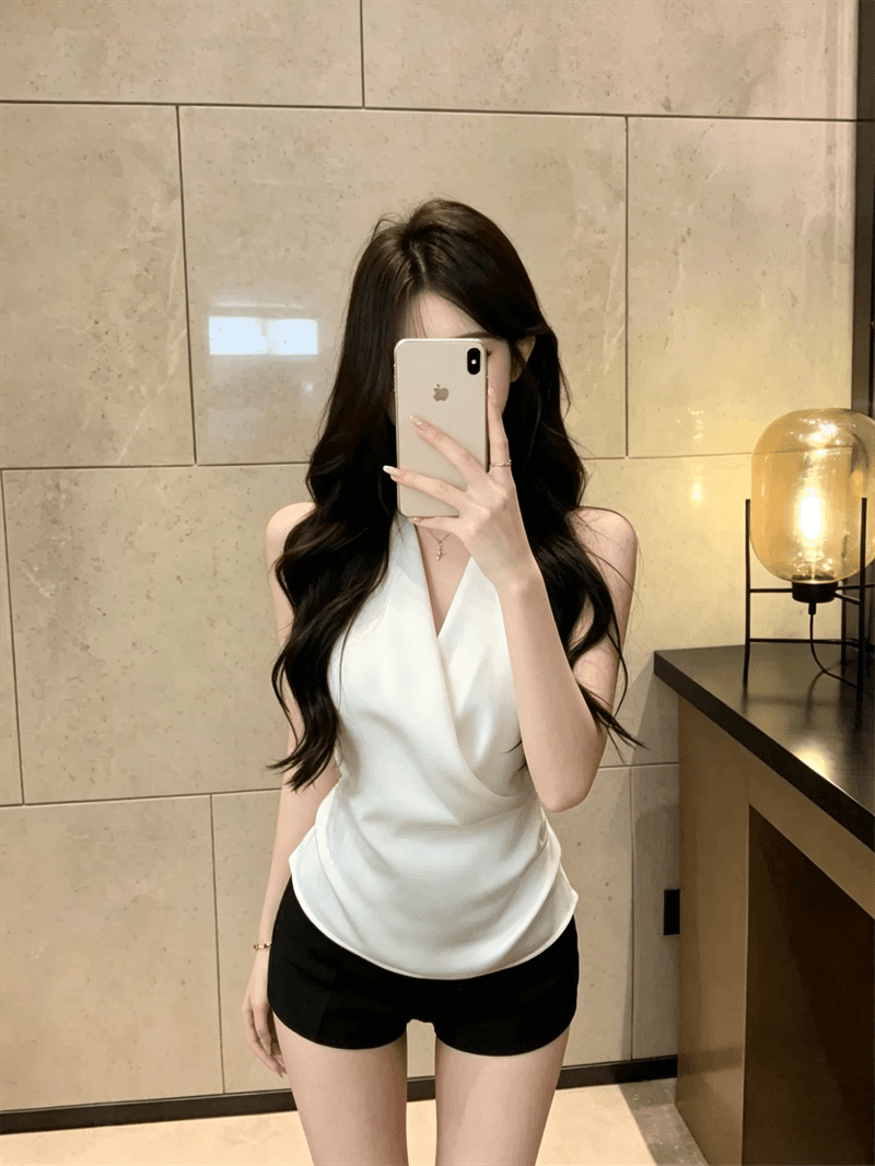 실사 여름 품격 V넥 패치워크 불규칙 허리 수축 조끼 핫걸 허리 수축 순수한 욕망 바람 풀오버 펌프 Pleat 조끼 상세 이미지 4