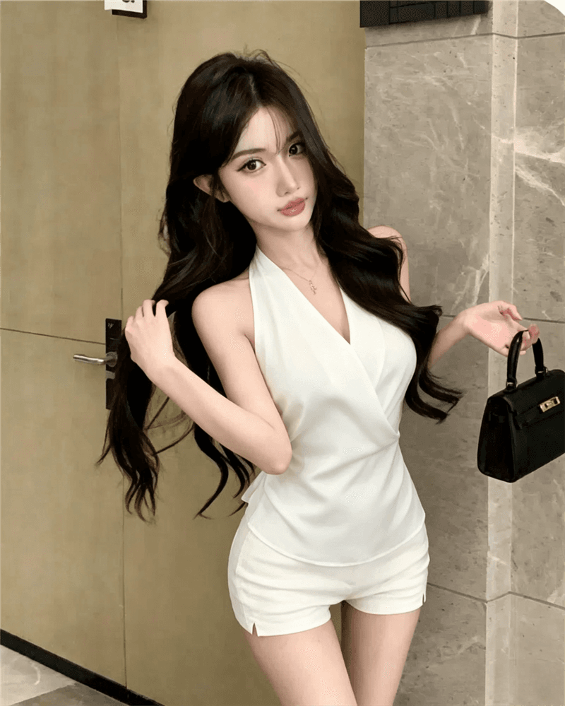실사 여름 품격 V넥 패치워크 불규칙 허리 수축 조끼 핫걸 허리 수축 순수한 욕망 바람 풀오버 펌프 Pleat 조끼 상세 이미지 5