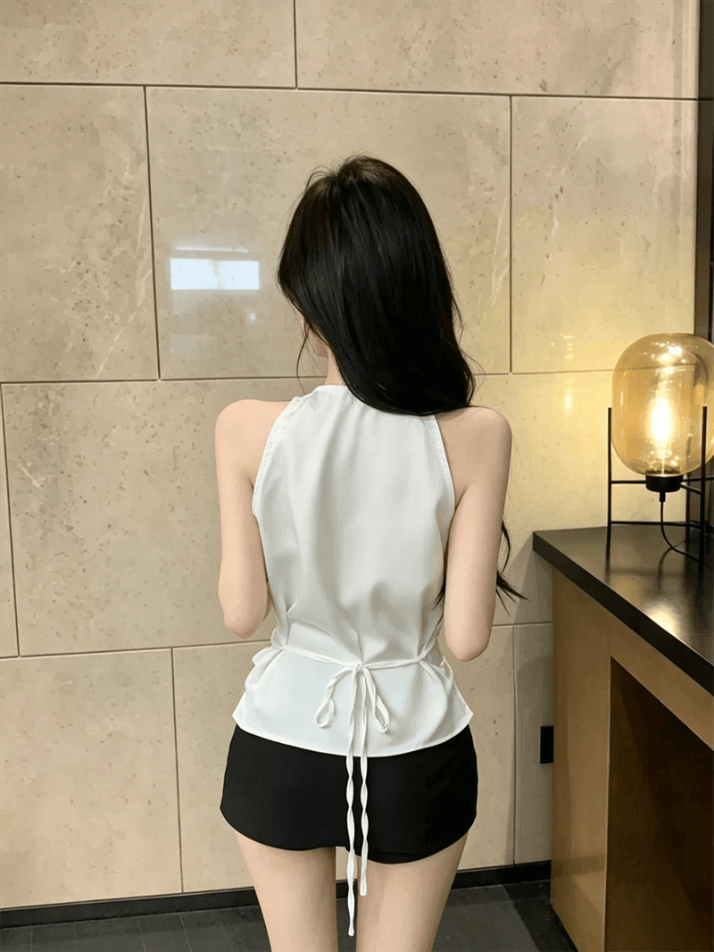 실사 여름 품격 V넥 패치워크 불규칙 허리 수축 조끼 핫걸 허리 수축 순수한 욕망 바람 풀오버 펌프 Pleat 조끼 상세 이미지 7