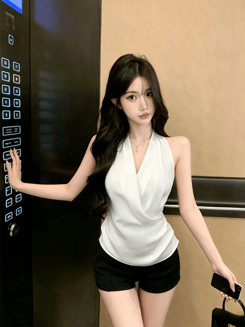 실사 여름 품격 V넥 패치워크 불규칙 허리 수축 조끼 핫걸 허리 수축 순수한 욕망 바람 풀오버 펌프 Pleat 조끼 상세 이미지 8