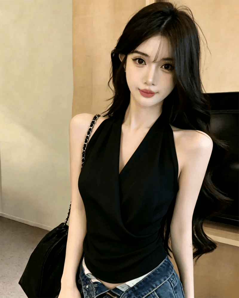 실사 여름 품격 V넥 패치워크 불규칙 허리 수축 조끼 핫걸 허리 수축 순수한 욕망 바람 풀오버 펌프 Pleat 조끼 상세 이미지 10