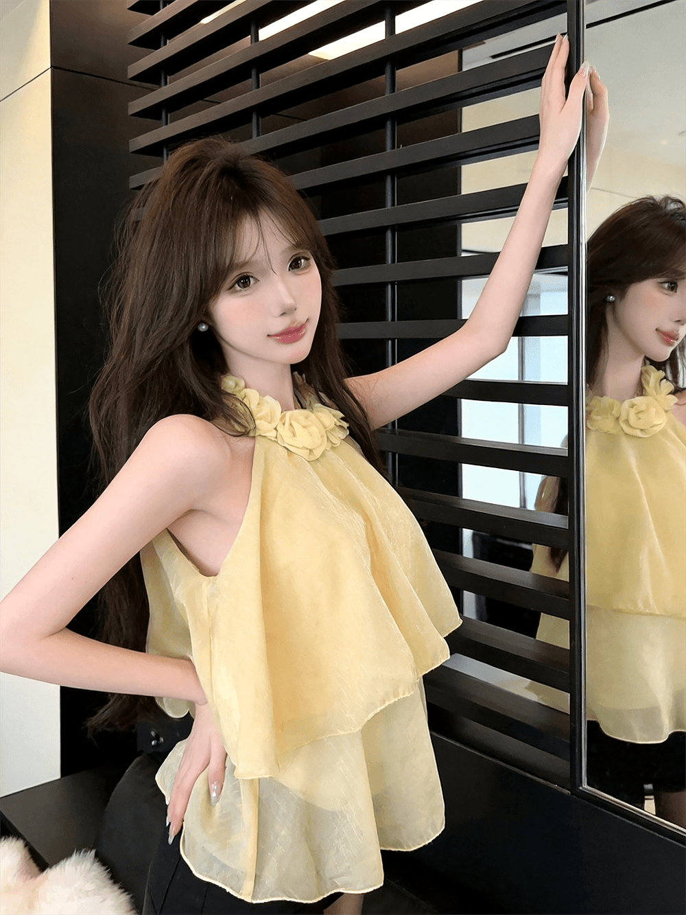 실사 여름 법 색 품격 라운드 넥 패치워크 3d 꽃 행침 목 종류 오프숄더 조끼 섹시함 프릴 맨위 이미지 4