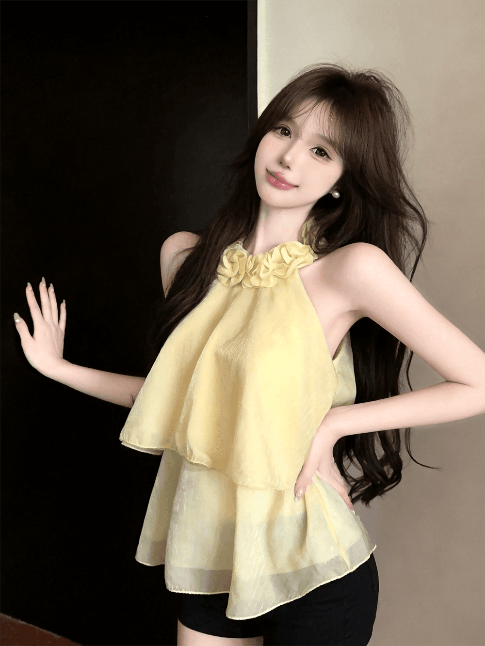 실사 여름 법 색 품격 라운드 넥 패치워크 3d 꽃 행침 목 종류 오프숄더 조끼 섹시함 프릴 맨위