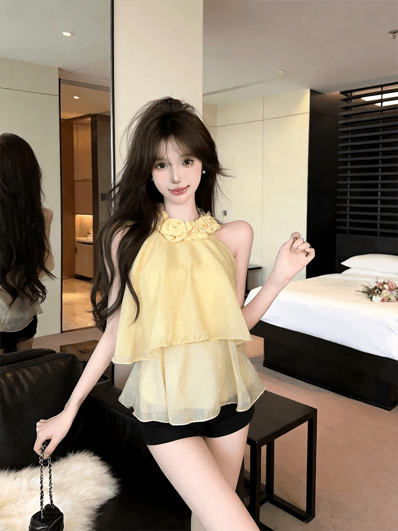 실사 여름 법 색 품격 라운드 넥 패치워크 3d 꽃 행침 목 종류 오프숄더 조끼 섹시함 프릴 맨위 상세 이미지 1