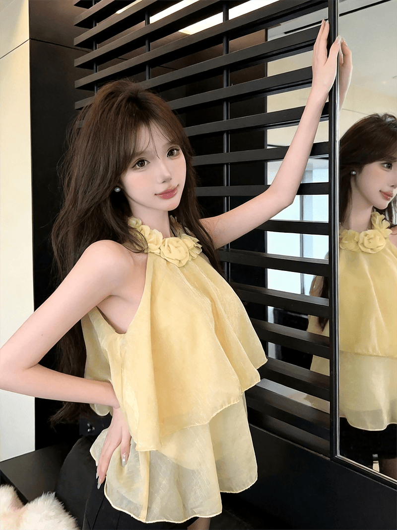 실사 여름 법 색 품격 라운드 넥 패치워크 3d 꽃 행침 목 종류 오프숄더 조끼 섹시함 프릴 맨위 상세 이미지 2