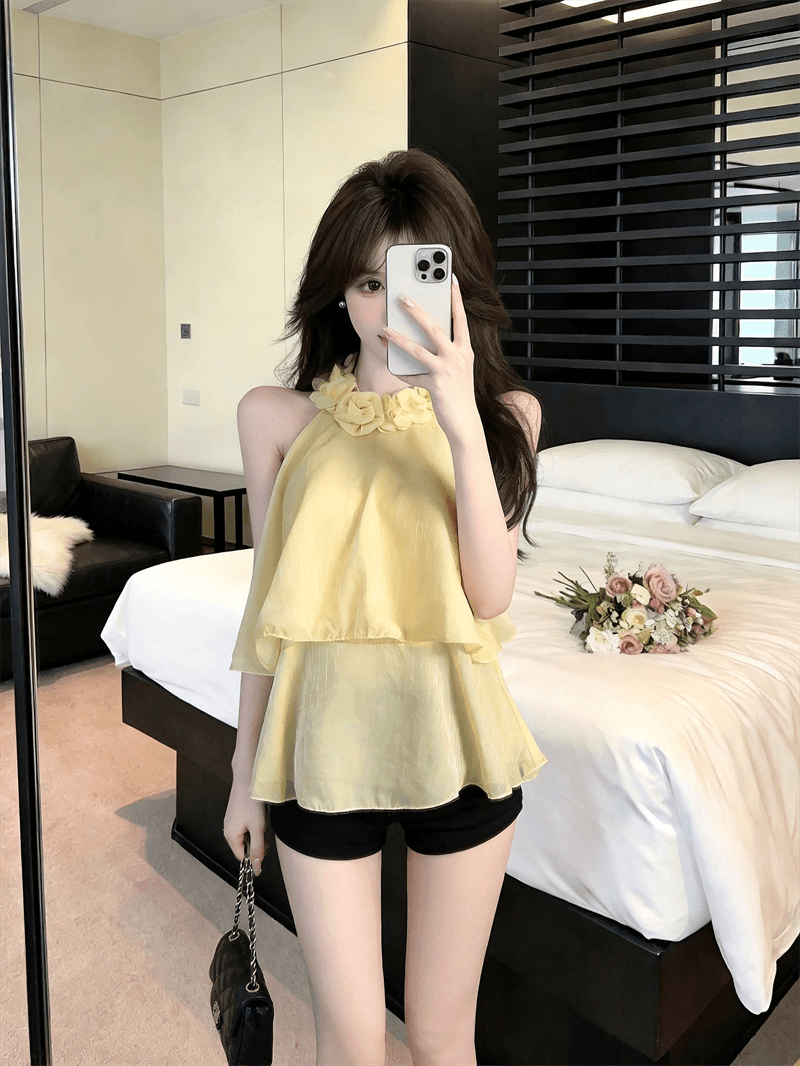 실사 여름 법 색 품격 라운드 넥 패치워크 3d 꽃 행침 목 종류 오프숄더 조끼 섹시함 프릴 맨위 상세 이미지 4