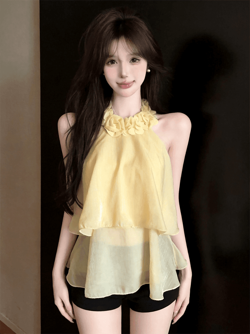 실사 여름 법 색 품격 라운드 넥 패치워크 3d 꽃 행침 목 종류 오프숄더 조끼 섹시함 프릴 맨위 상세 이미지 7