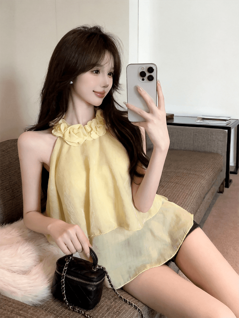 실사 여름 법 색 품격 라운드 넥 패치워크 3d 꽃 행침 목 종류 오프숄더 조끼 섹시함 프릴 맨위 상세 이미지 8