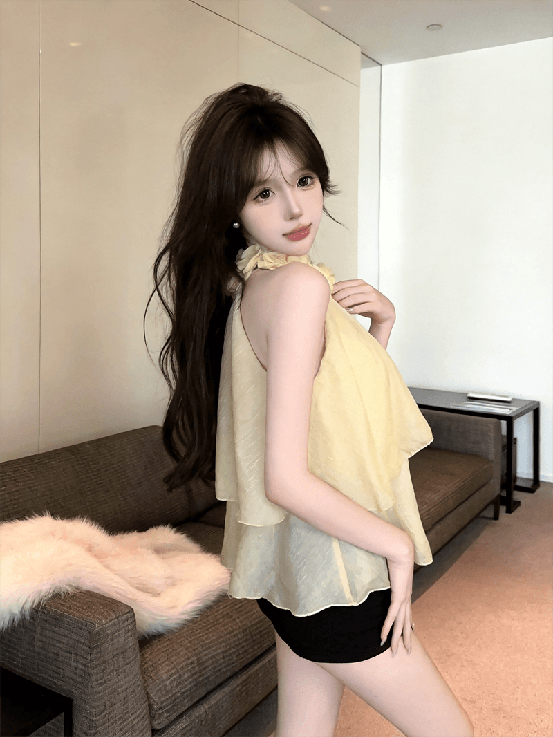 실사 여름 법 색 품격 라운드 넥 패치워크 3d 꽃 행침 목 종류 오프숄더 조끼 섹시함 프릴 맨위 상세 이미지 9