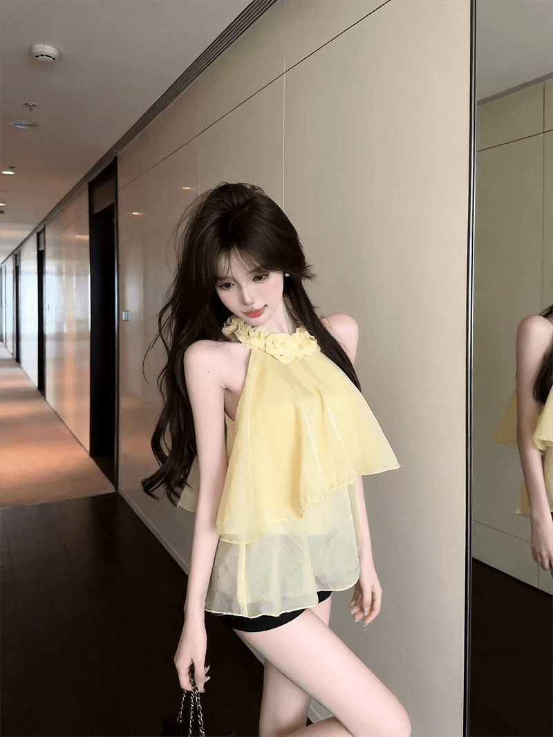 실사 여름 법 색 품격 라운드 넥 패치워크 3d 꽃 행침 목 종류 오프숄더 조끼 섹시함 프릴 맨위 상세 이미지 12