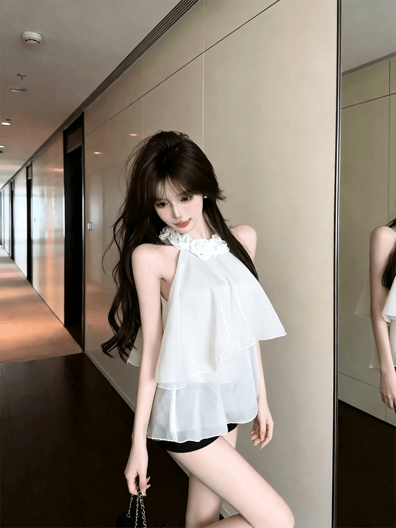 실사 여름 법 색 품격 라운드 넥 패치워크 3d 꽃 행침 목 종류 오프숄더 조끼 섹시함 프릴 맨위 상세 이미지 13