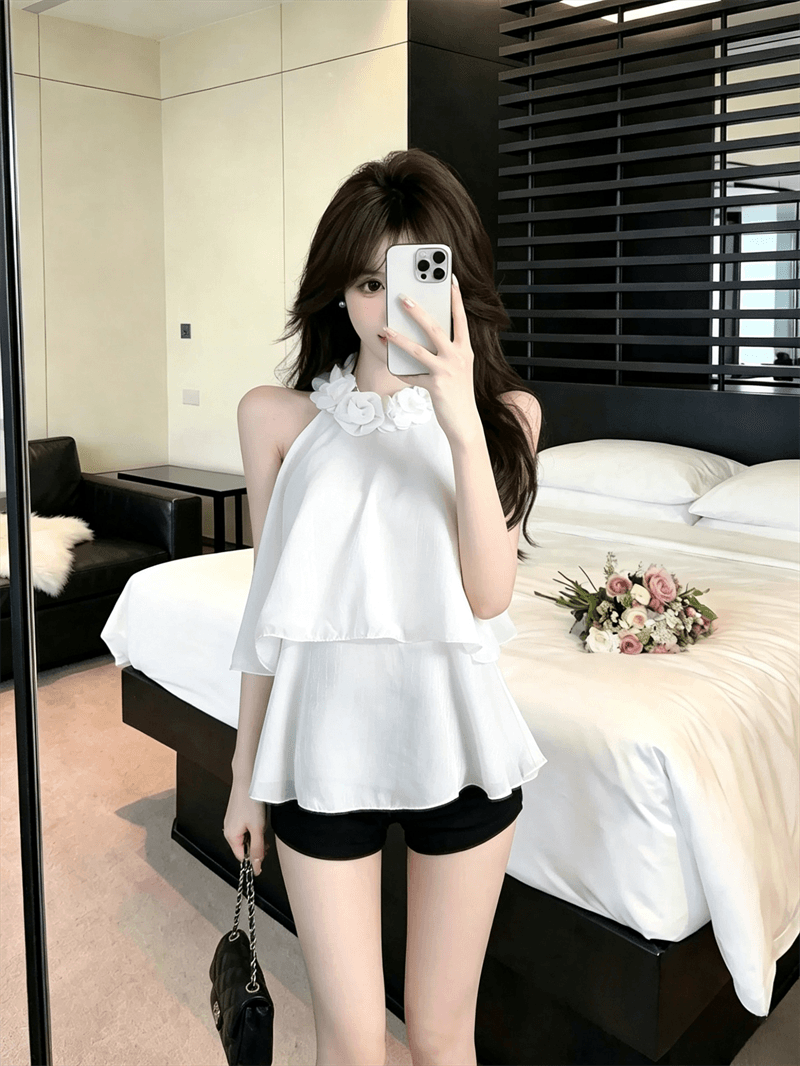 실사 여름 법 색 품격 라운드 넥 패치워크 3d 꽃 행침 목 종류 오프숄더 조끼 섹시함 프릴 맨위 상세 이미지 15