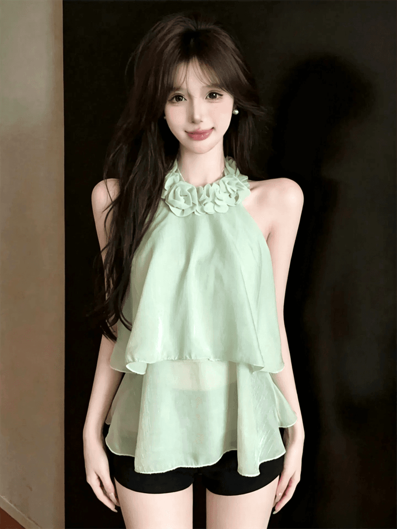 실사 여름 법 색 품격 라운드 넥 패치워크 3d 꽃 행침 목 종류 오프숄더 조끼 섹시함 프릴 맨위 상세 이미지 16