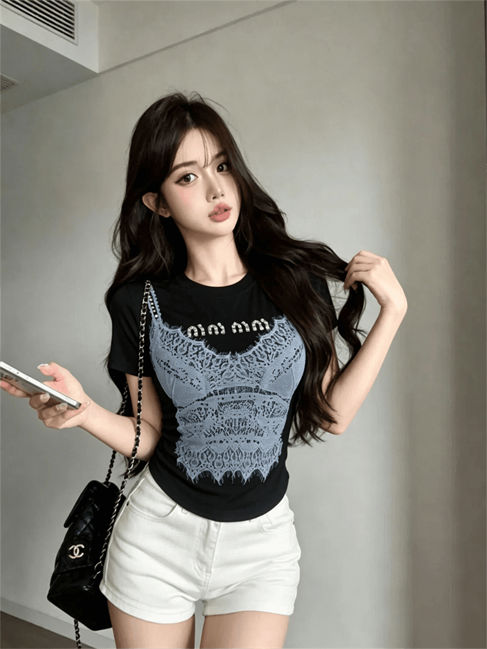 실사 여름 라운드 넥 패치워크 핫픽스 몸매 가꾸기 반팔 펌프 Pleat 맨위 핫걸 쇼트 스타일 가짜 2 피스 슈트 홀치기 염색 티셔츠