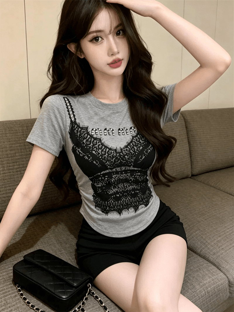 실사 여름 라운드 넥 패치워크 핫픽스 몸매 가꾸기 반팔 펌프 Pleat 맨위 핫걸 쇼트 스타일 가짜 2 피스 슈트 홀치기 염색 티셔츠 상세 이미지 1