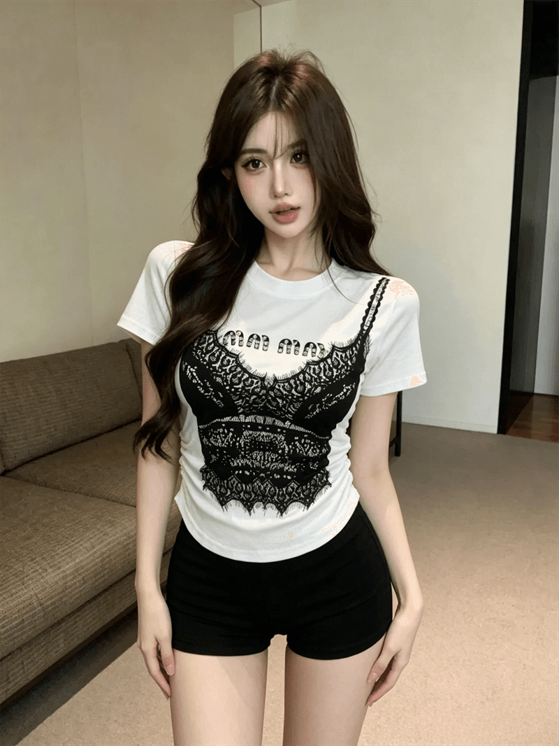 실사 여름 라운드 넥 패치워크 핫픽스 몸매 가꾸기 반팔 펌프 Pleat 맨위 핫걸 쇼트 스타일 가짜 2 피스 슈트 홀치기 염색 티셔츠 상세 이미지 4