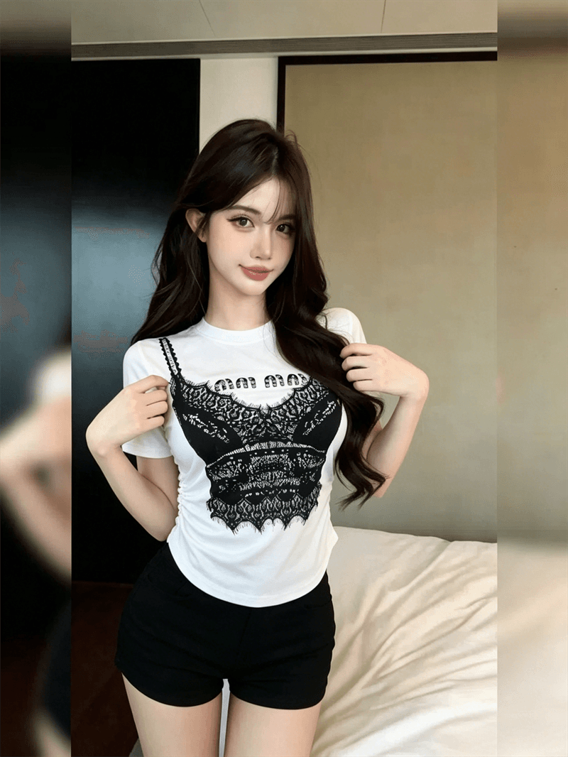 실사 여름 라운드 넥 패치워크 핫픽스 몸매 가꾸기 반팔 펌프 Pleat 맨위 핫걸 쇼트 스타일 가짜 2 피스 슈트 홀치기 염색 티셔츠 상세 이미지 7