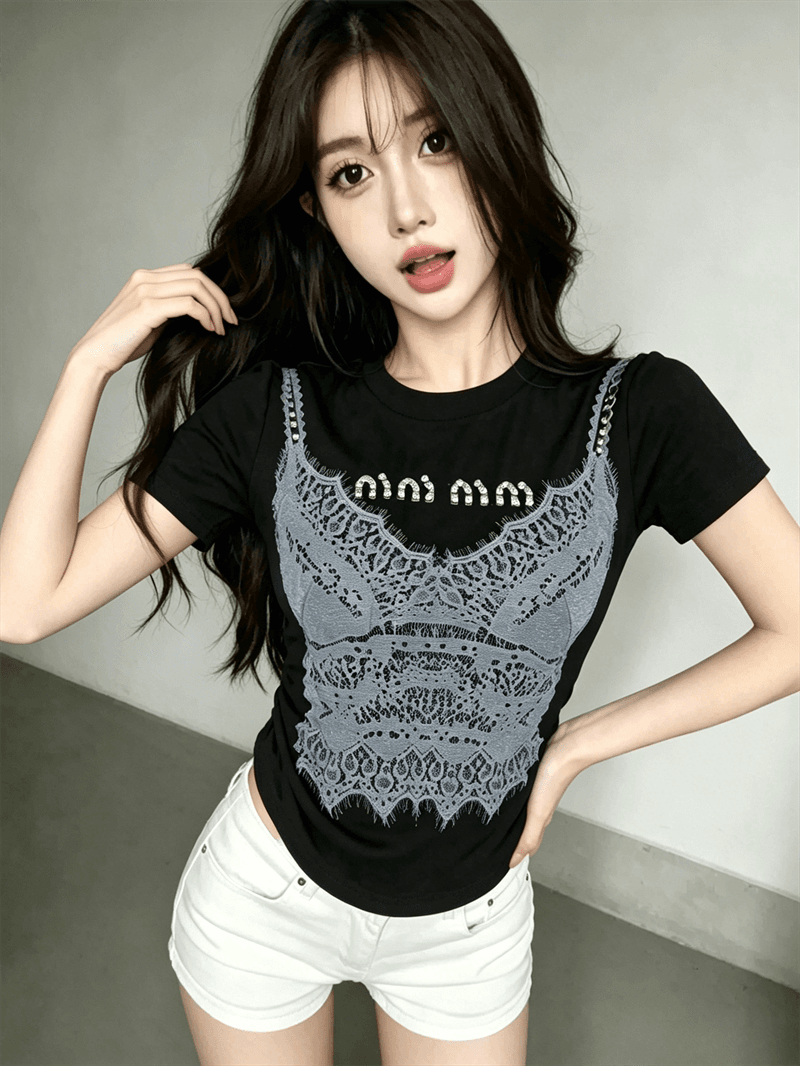 실사 여름 라운드 넥 패치워크 핫픽스 몸매 가꾸기 반팔 펌프 Pleat 맨위 핫걸 쇼트 스타일 가짜 2 피스 슈트 홀치기 염색 티셔츠 상세 이미지 8