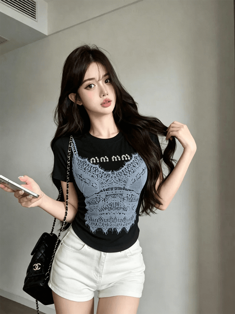 실사 여름 라운드 넥 패치워크 핫픽스 몸매 가꾸기 반팔 펌프 Pleat 맨위 핫걸 쇼트 스타일 가짜 2 피스 슈트 홀치기 염색 티셔츠 상세 이미지 9