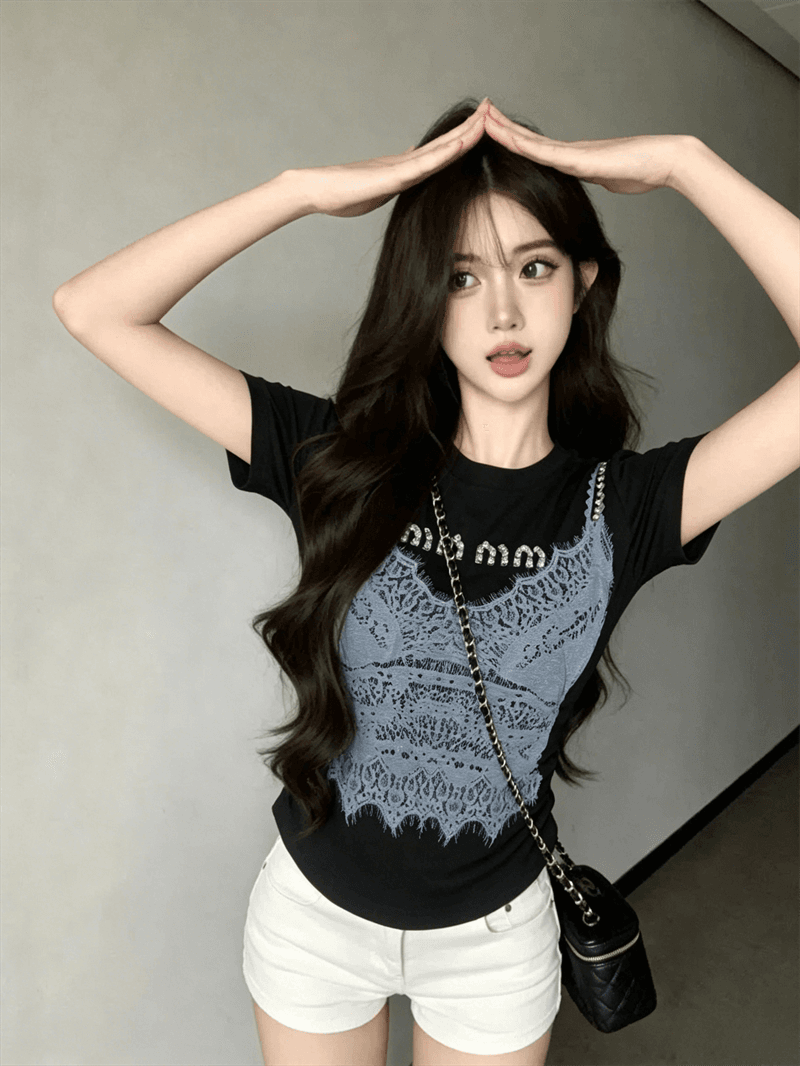 실사 여름 라운드 넥 패치워크 핫픽스 몸매 가꾸기 반팔 펌프 Pleat 맨위 핫걸 쇼트 스타일 가짜 2 피스 슈트 홀치기 염색 티셔츠 상세 이미지 10