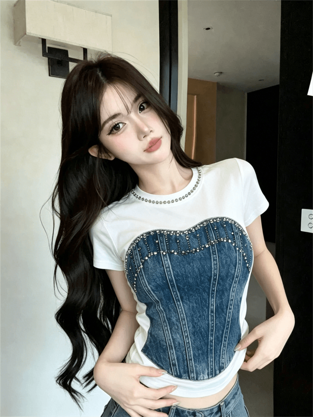 실사 여름 라운드 넥 패치워크 핫픽스 몸매 가꾸기 반팔 맨위 핫걸 쇼트 스타일 가짜 2 피스 슈트 홀치기 염색 티셔츠 이미지 2