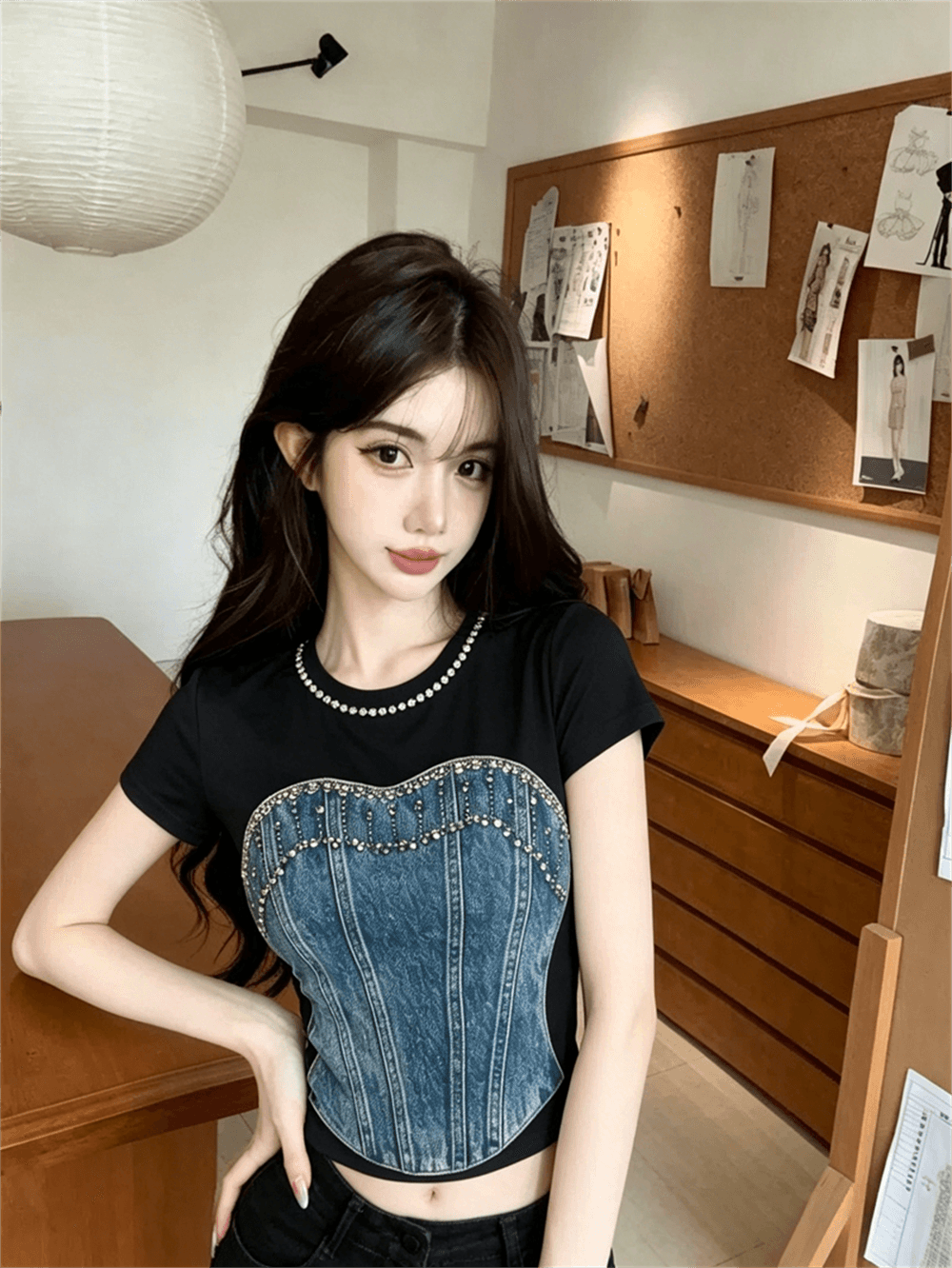 실사 여름 라운드 넥 패치워크 핫픽스 몸매 가꾸기 반팔 맨위 핫걸 쇼트 스타일 가짜 2 피스 슈트 홀치기 염색 티셔츠 이미지 4
