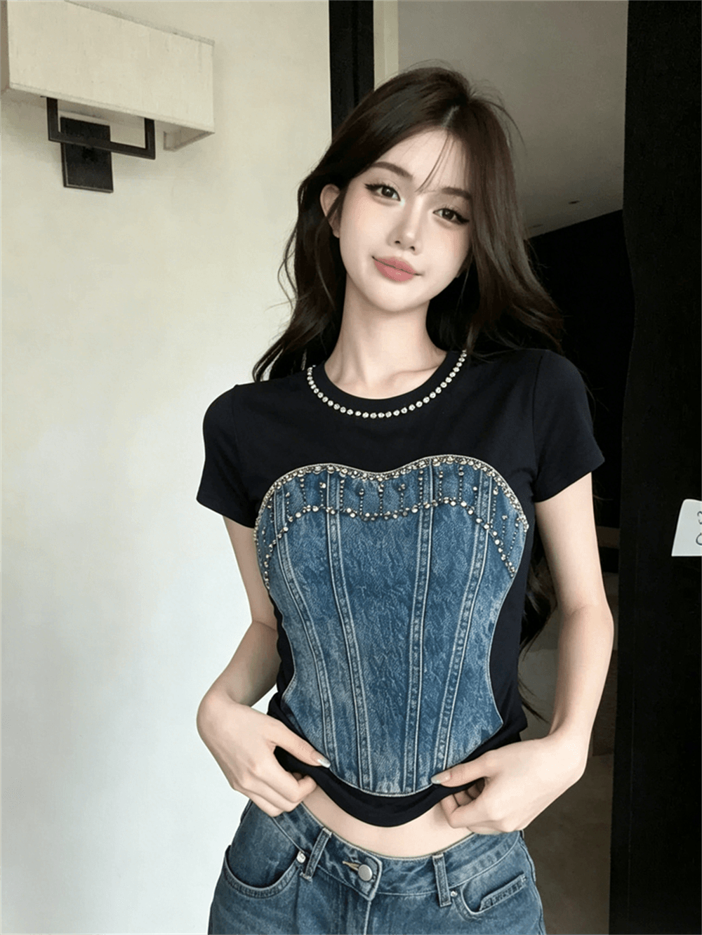 실사 여름 라운드 넥 패치워크 핫픽스 몸매 가꾸기 반팔 맨위 핫걸 쇼트 스타일 가짜 2 피스 슈트 홀치기 염색 티셔츠 이미지 3