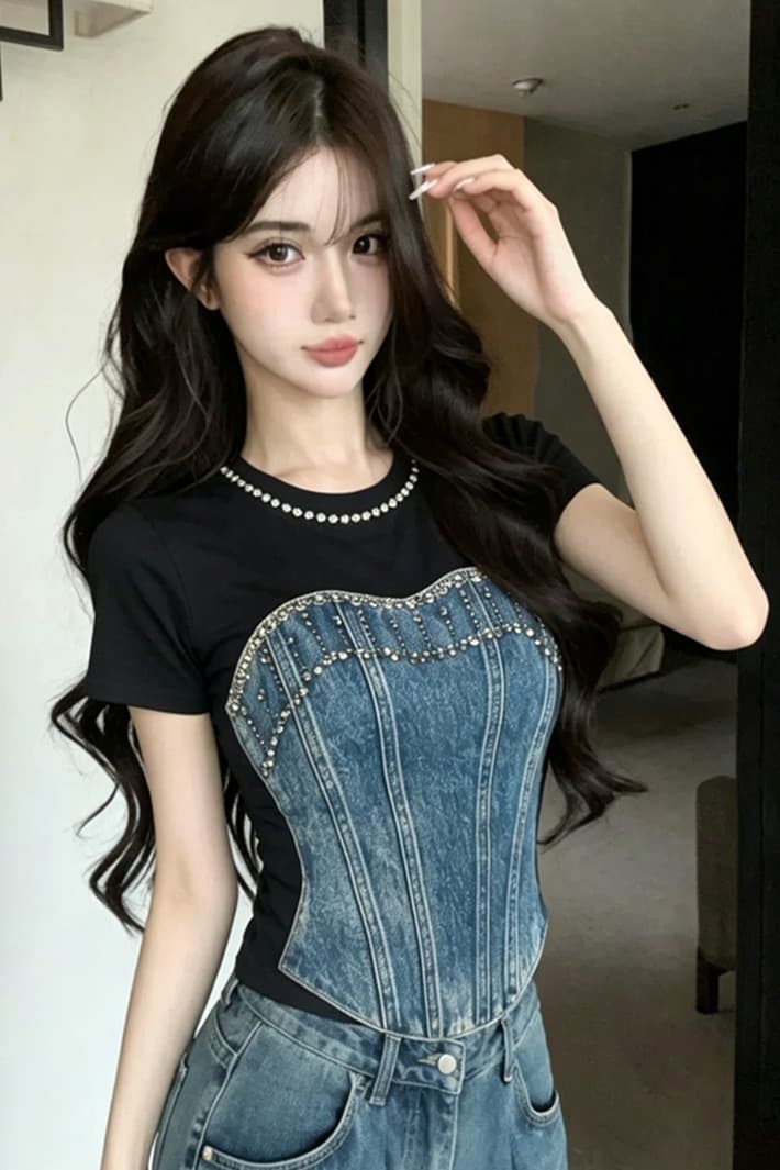실사 여름 라운드 넥 패치워크 핫픽스 몸매 가꾸기 반팔 맨위 핫걸 쇼트 스타일 가짜 2 피스 슈트 홀치기 염색 티셔츠 이미지 6