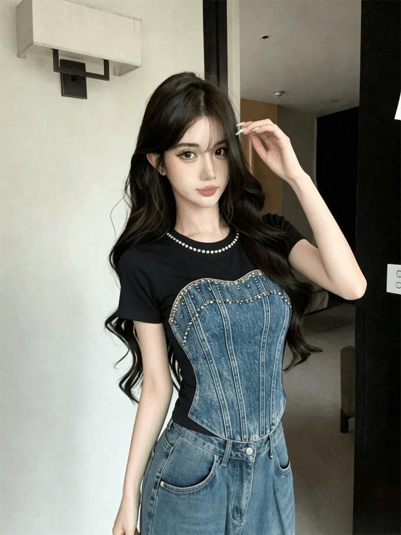 실사 여름 라운드 넥 패치워크 핫픽스 몸매 가꾸기 반팔 맨위 핫걸 쇼트 스타일 가짜 2 피스 슈트 홀치기 염색 티셔츠 상세 이미지 3